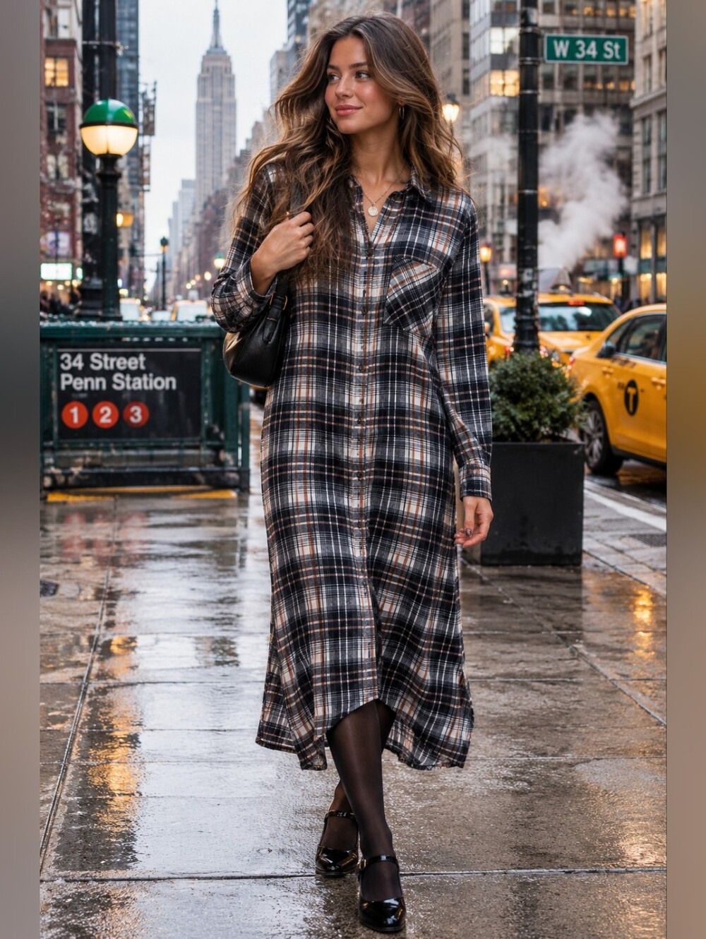 Justify Plaid Maxi Shirt Dress in Black and Cream